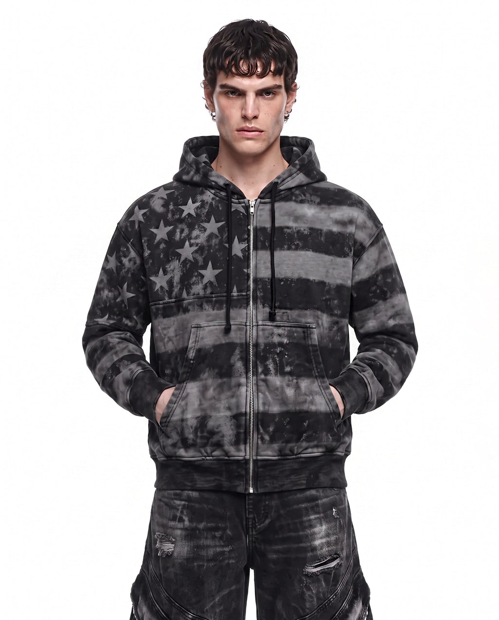 GRYFT Vintage-Wash Starand Stripe Zip-Up Hoodie
