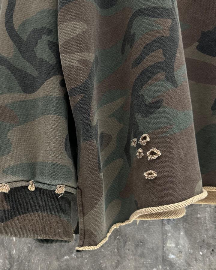 GRYFT Vintage Distressed Camo Raw Edge Crewneck Sweatshirt