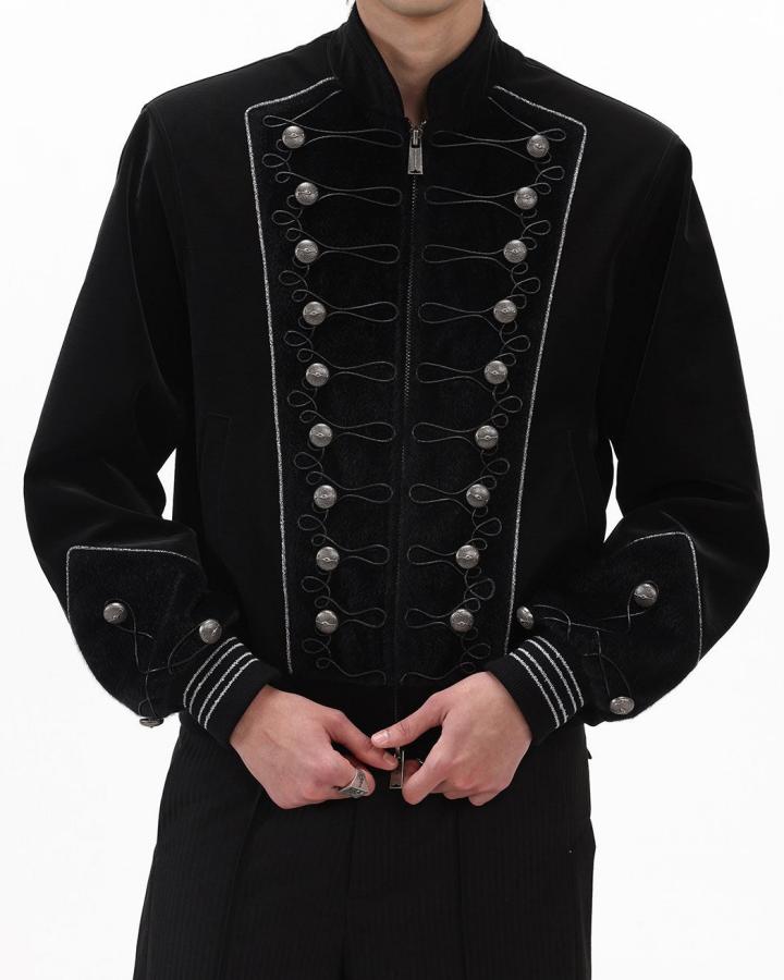 GRYFT Vintage Dark Palace Braided Silver‑Button Bomber Jacket