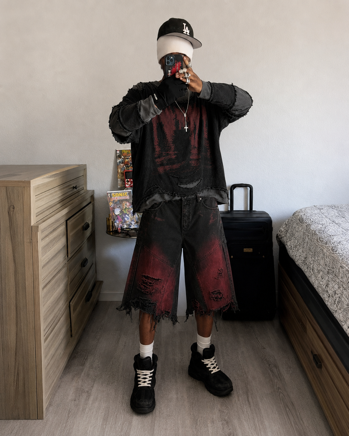 GRYFT Red Washed Distressed Denim Shorts