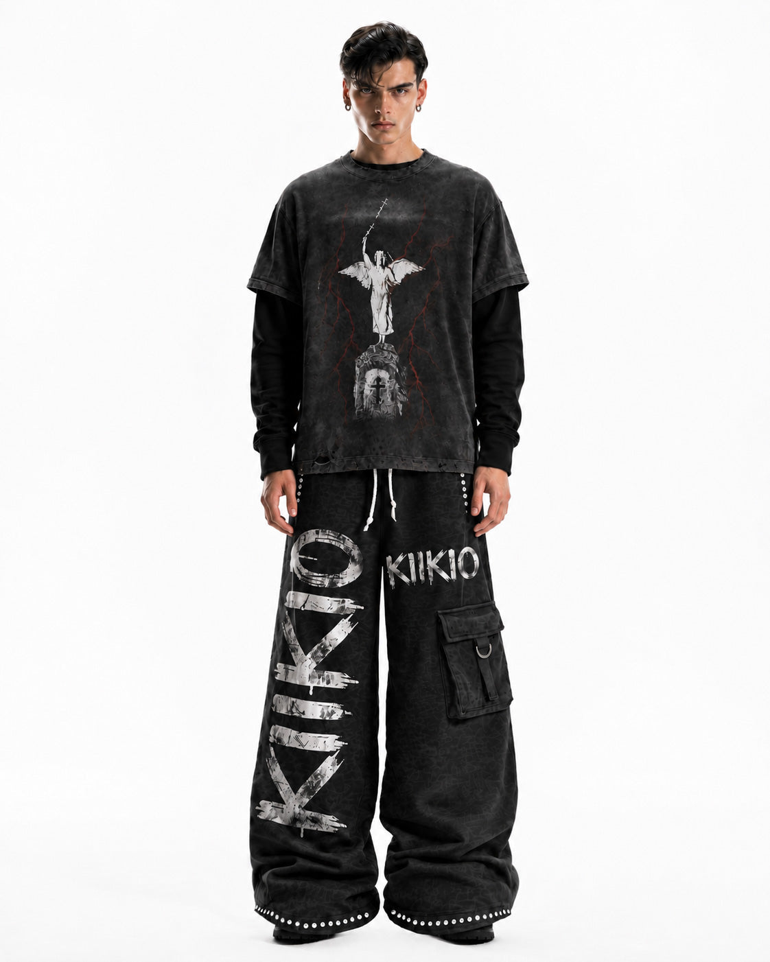 GRYFT Distressed Angel Cross Graphic Layered T-Shirt