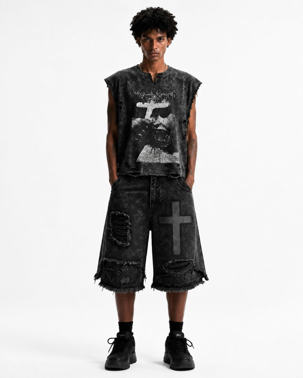 GRYFT Distressed Gothic Cross Graphic Vest