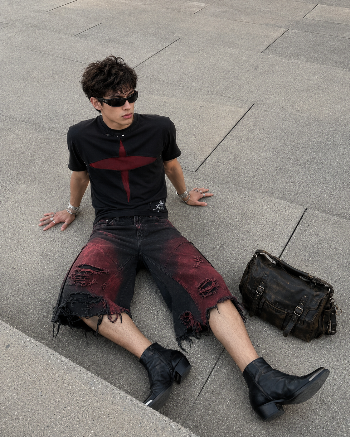 GRYFT Red Washed Distressed Denim Shorts