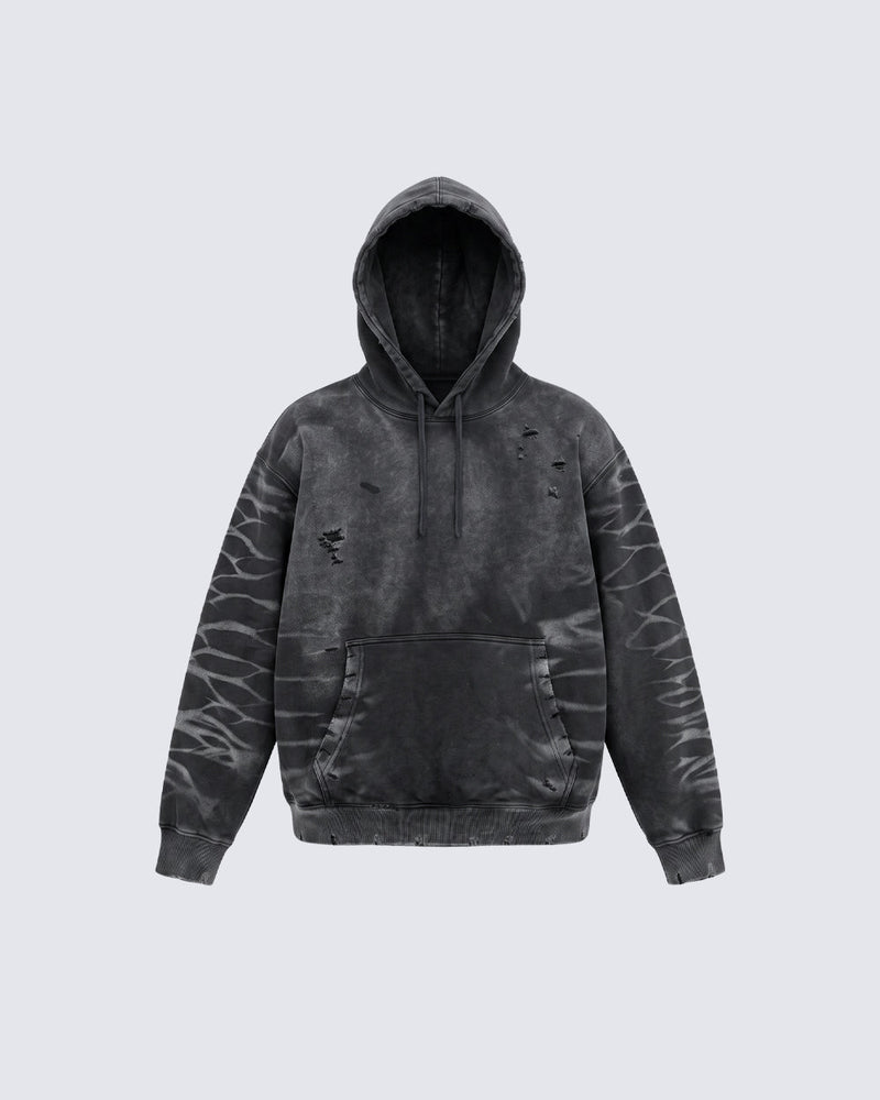 GRYFT Vintage Washed Tiger Stripe Distressed Pullover Hoodie