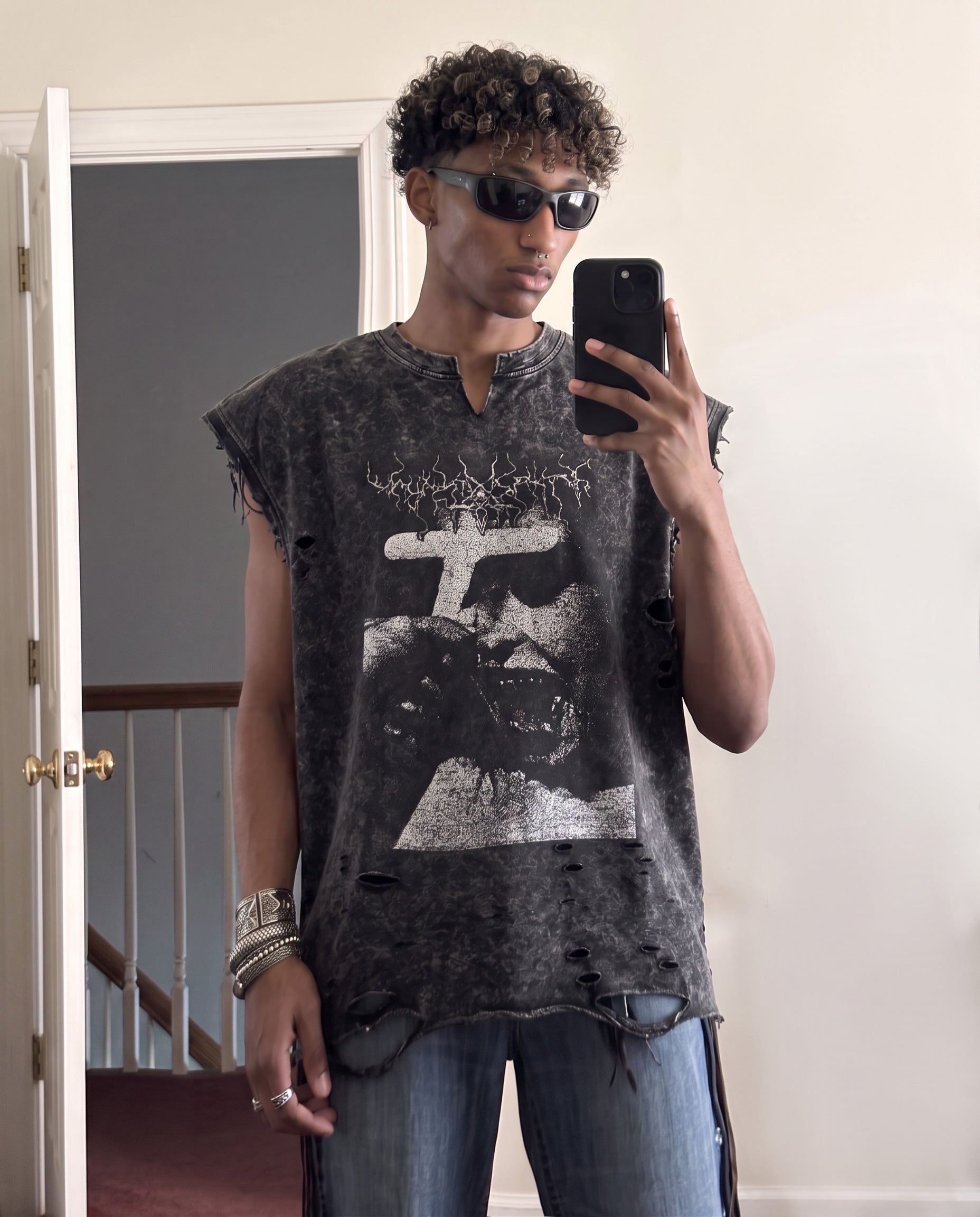 GRYFT Distressed Gothic Cross Graphic Vest