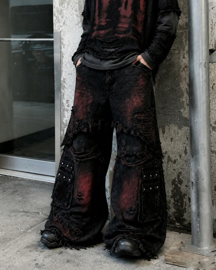 GRYFT Gradient Red Frayed Cargo Wide Leg Denim Pants