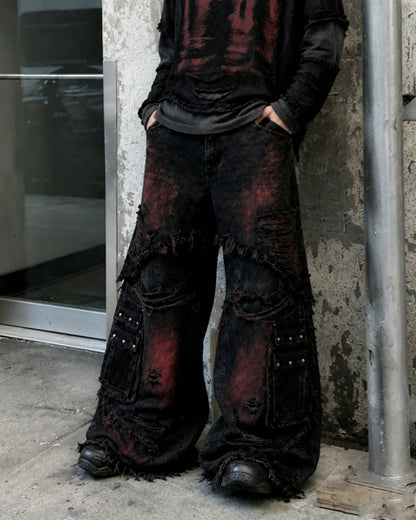 GRYFT Gradient Red Frayed Cargo Wide Leg Denim Pants