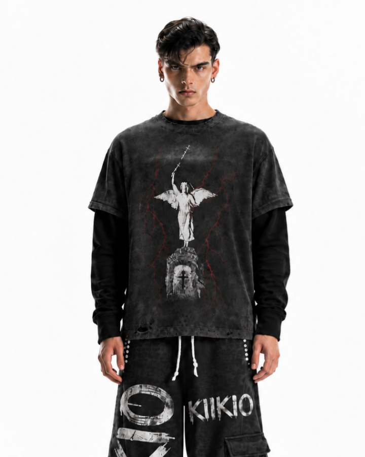 GRYFT Distressed Angel Cross Graphic Layered T-Shirt