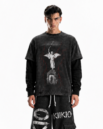 GRYFT Distressed Angel Cross Graphic Layered T-Shirt