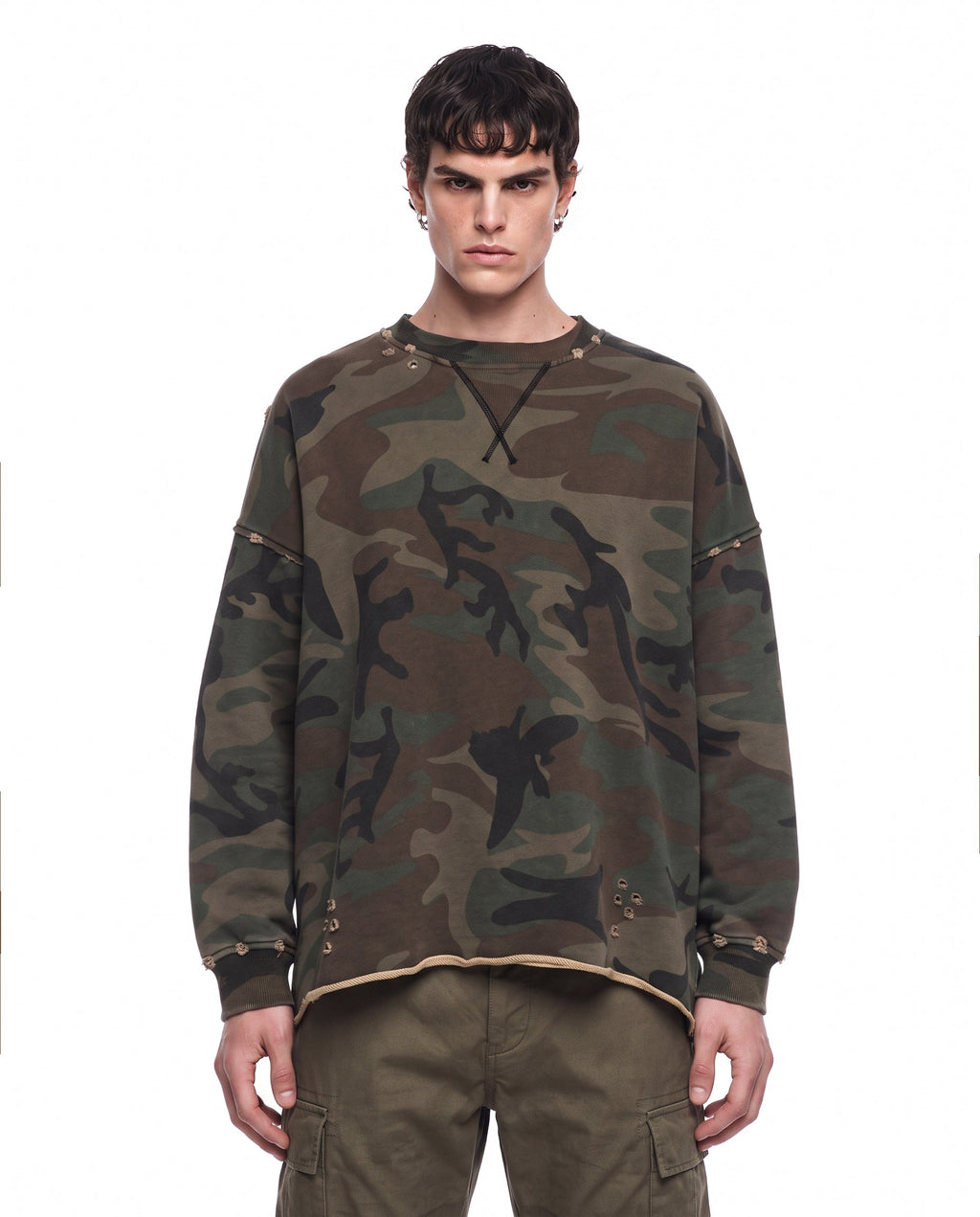 GRYFT Vintage Distressed Camo Raw Edge Crewneck Sweatshirt