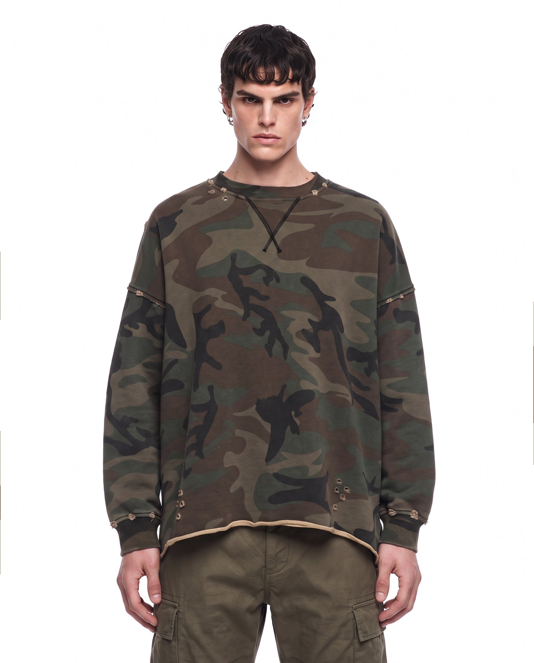 GRYFT Vintage Distressed Camo Raw Edge Crewneck Sweatshirt