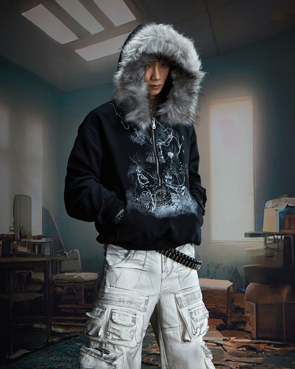 Lightweight Fuzzy Printed Half-Zip Cropped Hoodie