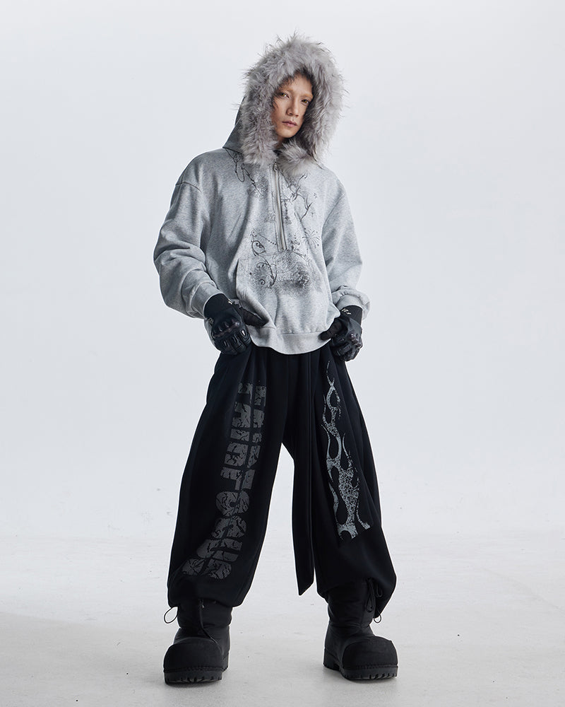 Lightweight Fuzzy Printed Half-Zip Cropped Hoodie