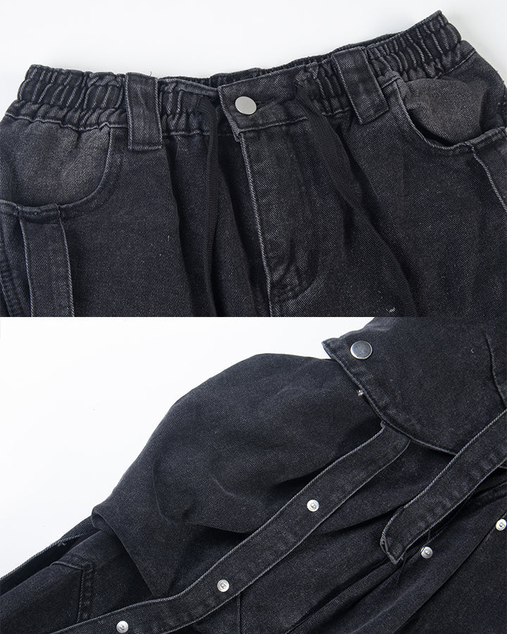 New Dark Washed Utility Strap Wide Leg Jeans