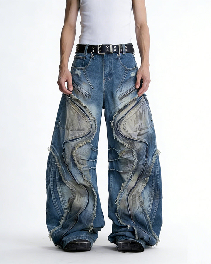 Dark Wavy Zipper Deconstructed Wide Denim Pants New