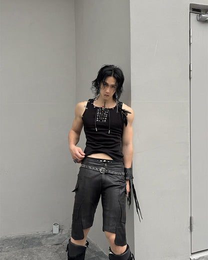 American Punk Lace-Up Rivet Tank Top New