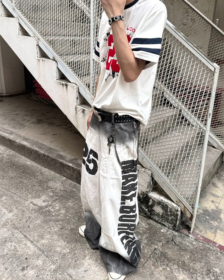 Gradient Number Graphic Wide Leg Denim Pants