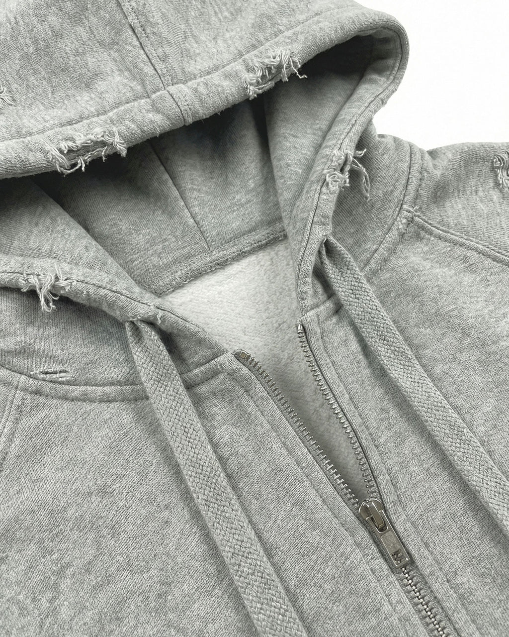 LOW SATURATION-Distressed Cropped Zip-Up Hoodie