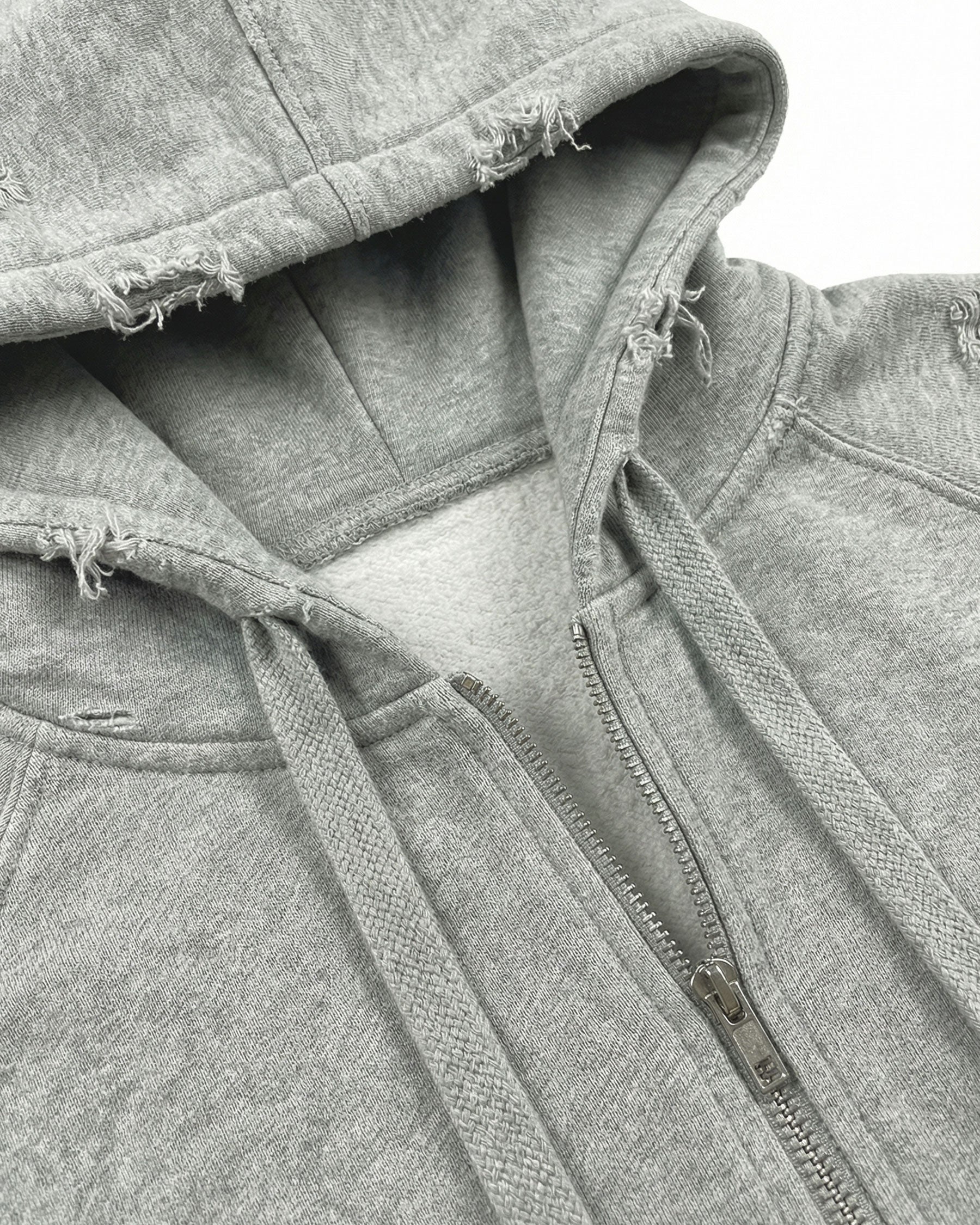 LOW SATURATION-Distressed Cropped Zip-Up Hoodie