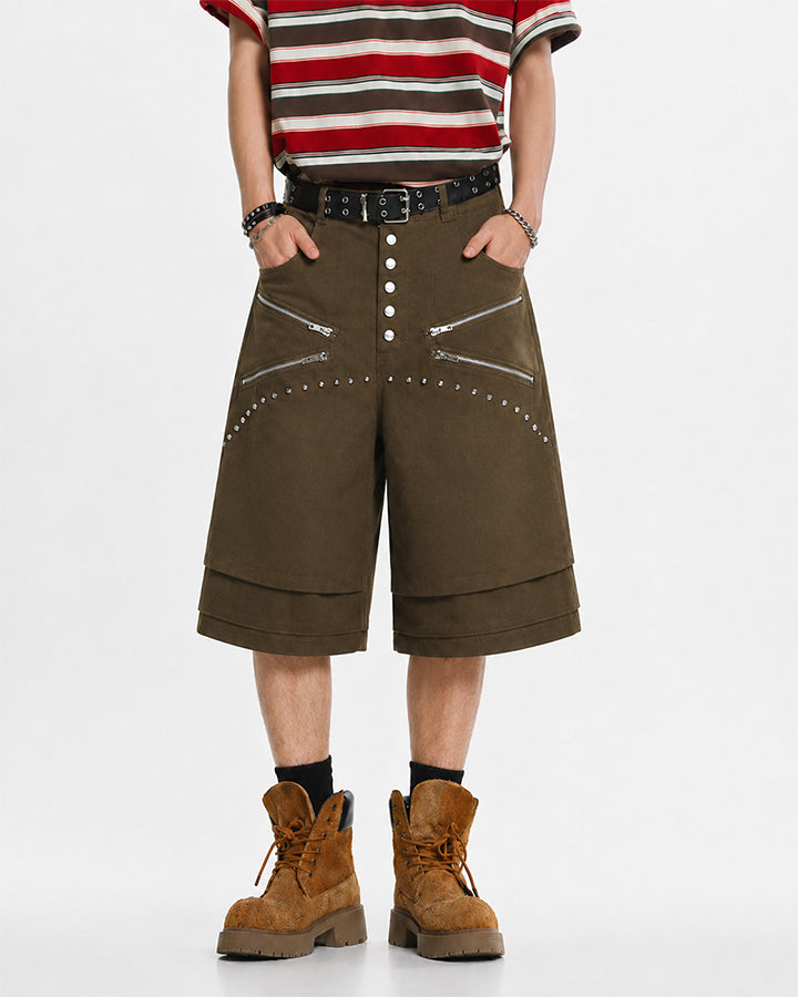 Gothic Rivet Zipper Layered New Wide Shorts