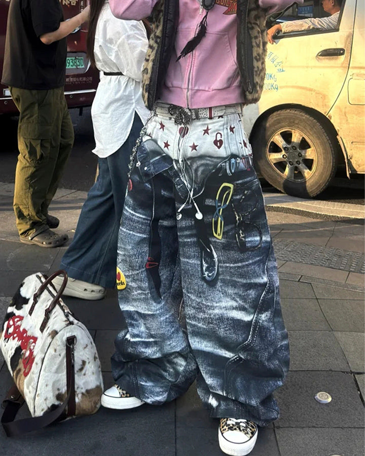 Print Denim Illusion Wide-Leg Pants