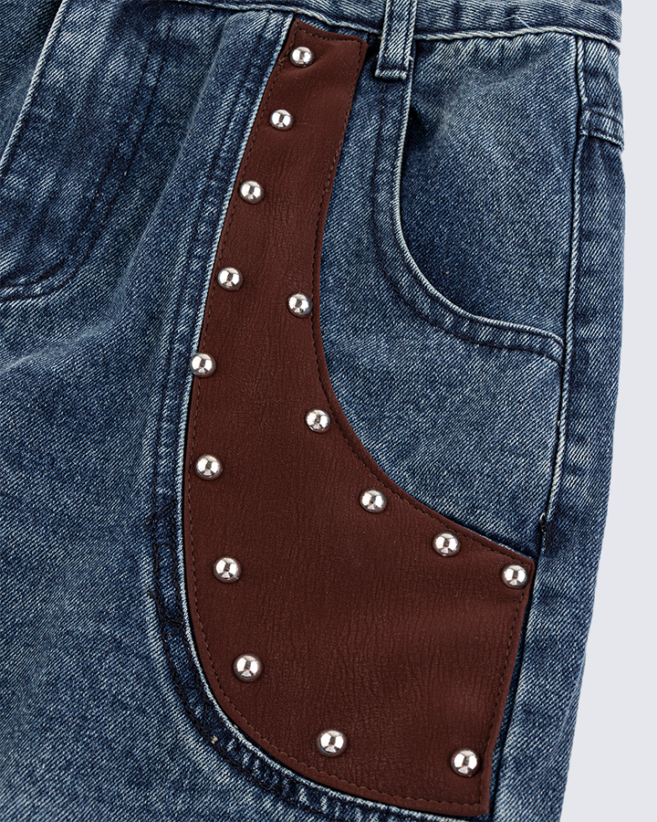Leather Patch Pocket with Studded Detail Denim Pants