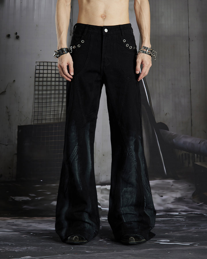 New Dark Gothic Punk Eyelet Zipper Flare Jeans