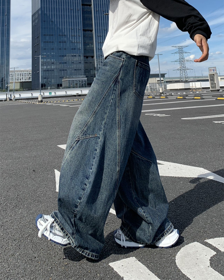 Retro Curved Blade Wide-Leg Denim Pants