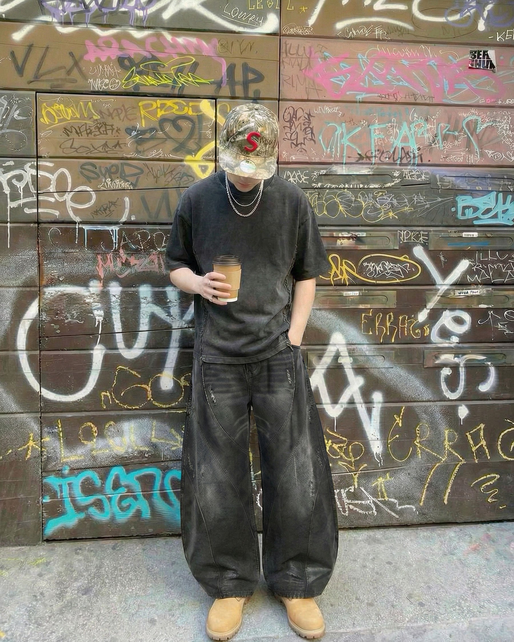LOW SATURATION-Washed Wide-Leg Denim Pants