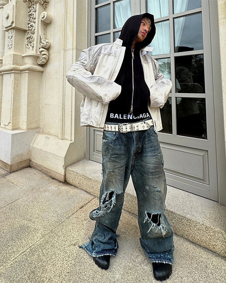 Grunge Distressed Raw Hem Wide Denim Pants New