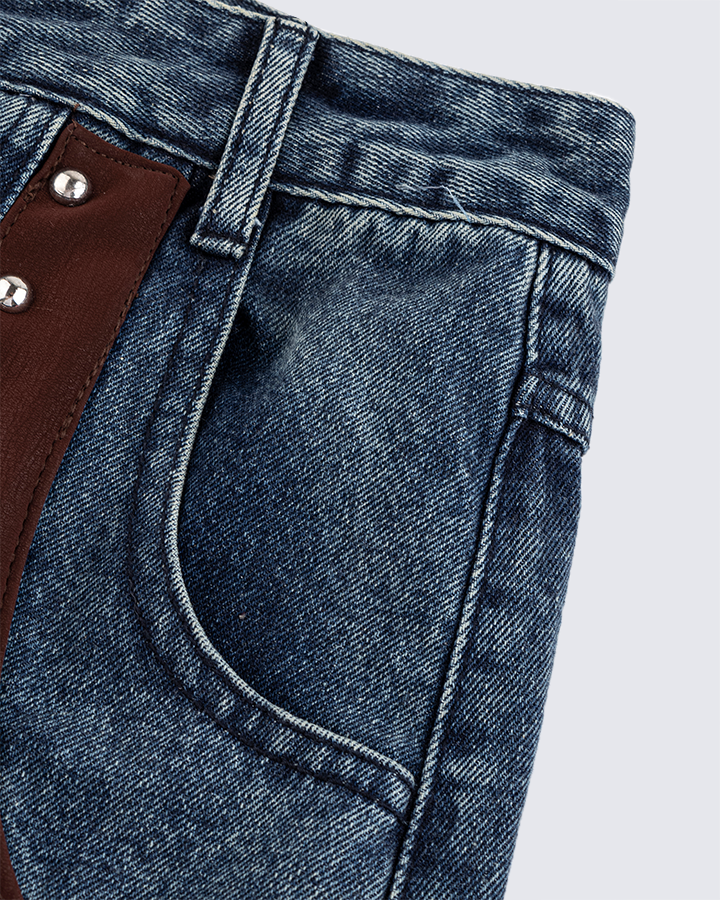 Leather Patch Pocket with Studded Detail Denim Pants
