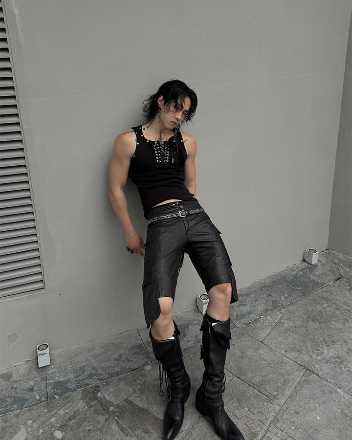 American Punk Lace-Up Rivet Tank Top New