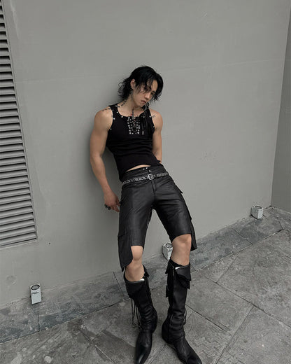 American Punk Lace-Up Rivet Tank Top New