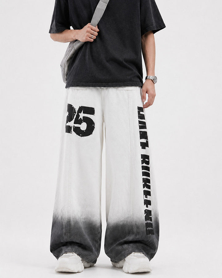 Gradient Number Graphic Wide Leg Denim Pants