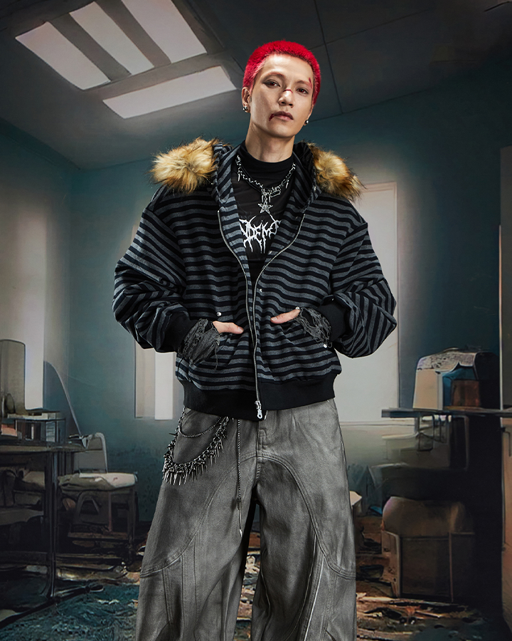 Striped Faux Fur Hooded Jacket