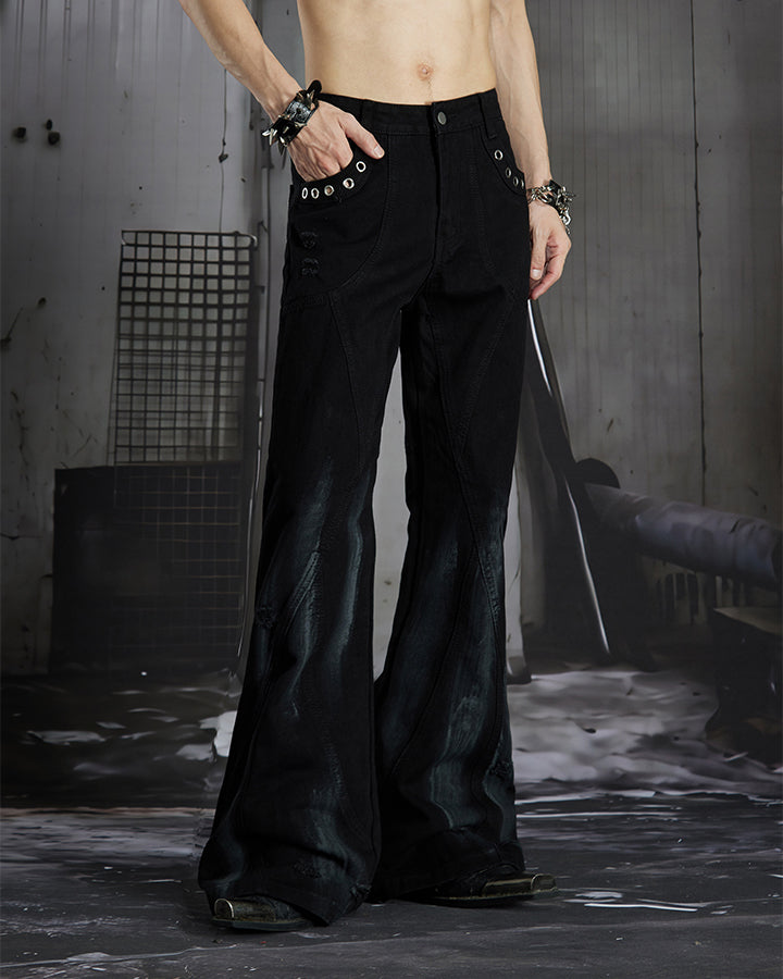 New Dark Gothic Punk Eyelet Zipper Flare Jeans