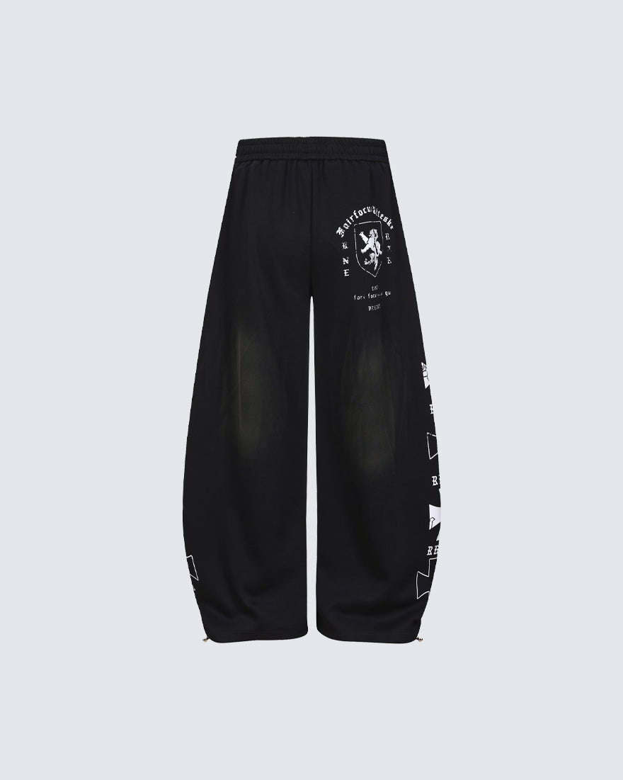 Black Gothic Letter Print Wide-Leg Sweatpants