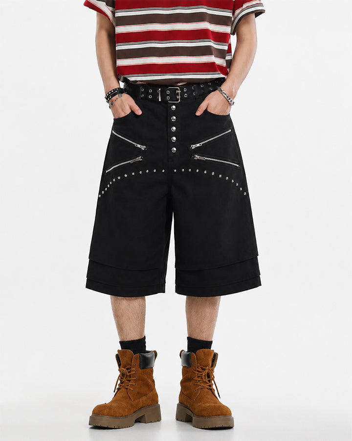 Gothic Rivet Zipper Layered New Wide Shorts