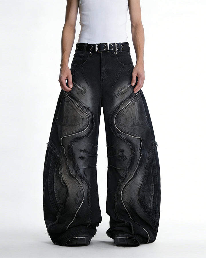 Dark Wavy Zipper Deconstructed Wide Denim Pants New