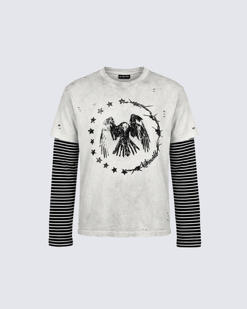 GRYFTWORLD | Washed Vintage Layered Stripe Sleeve Graphic Tee