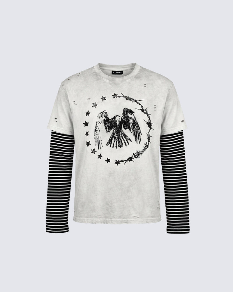 GRYFTWORLD | Washed Vintage Layered Stripe Sleeve Graphic Tee