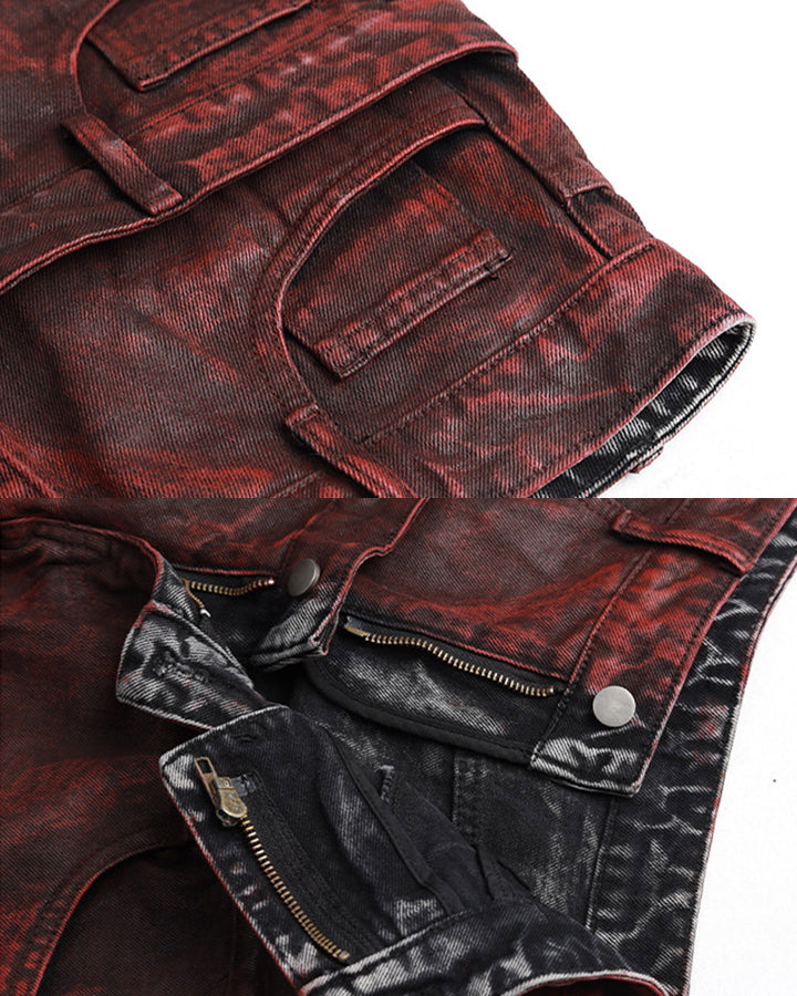 New Red Acid Wash Gothic Wide Leg Jeans