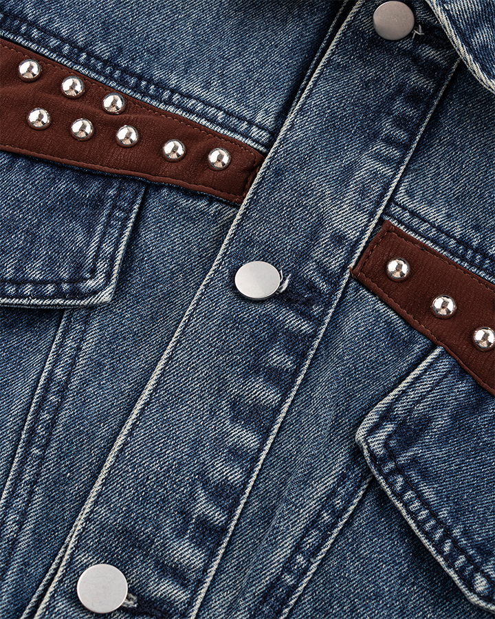 Leather Patch Studded Denim Vest