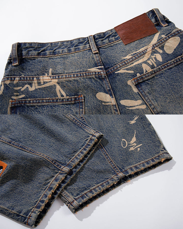Vintage Graffiti Print Wide Leg Denim Pants New
