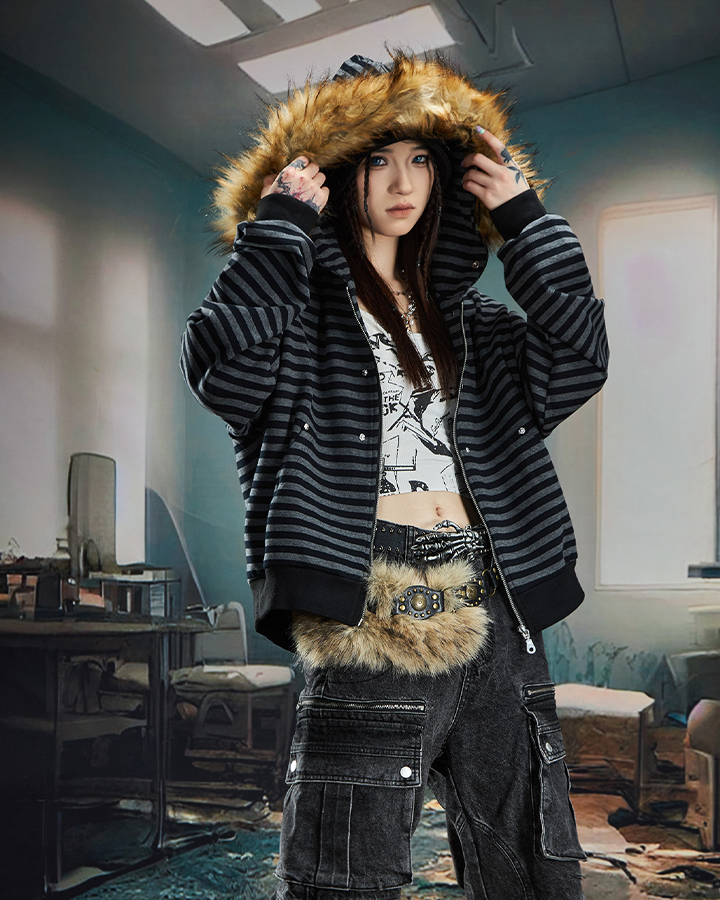 Striped Faux Fur Hooded Jacket