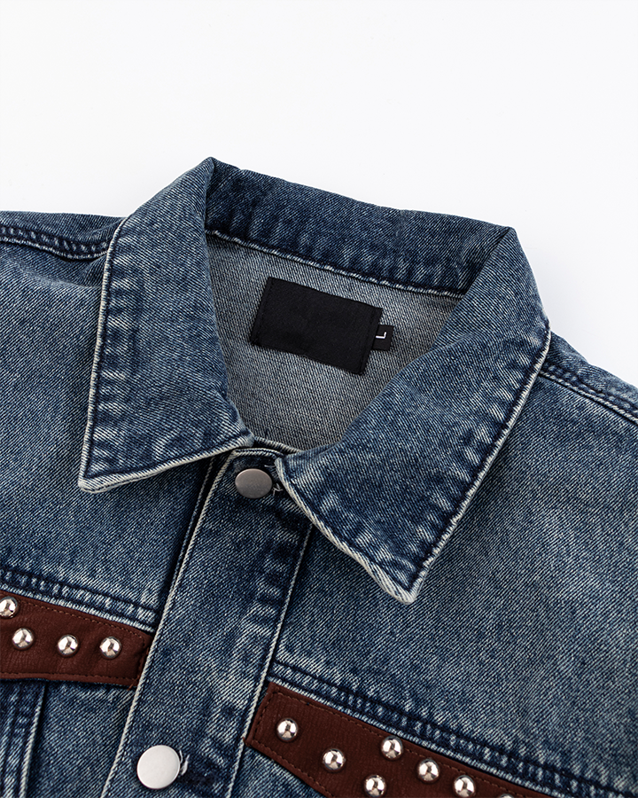 Leather Patch Studded Denim Vest