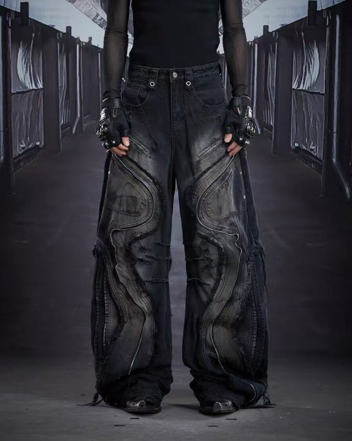 Dark Wavy Zipper Deconstructed Wide Denim Pants New