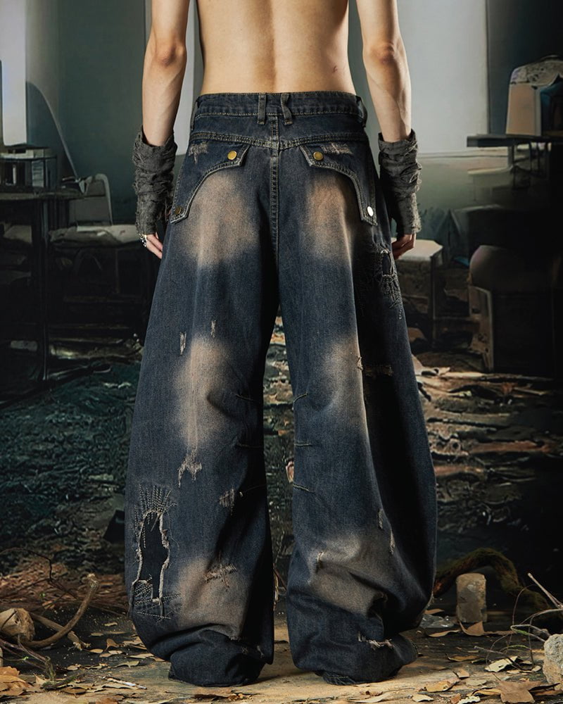 Deconstructed Washed Patchwork Blade-Cut Jeans