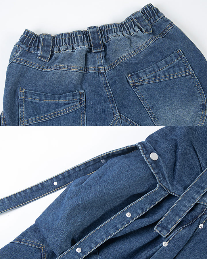 New Dark Washed Utility Strap Wide Leg Jeans