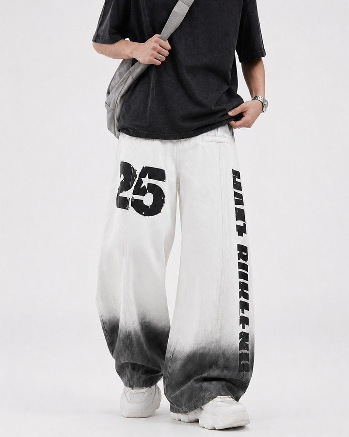 Gradient Number Graphic Wide Leg Denim Pants